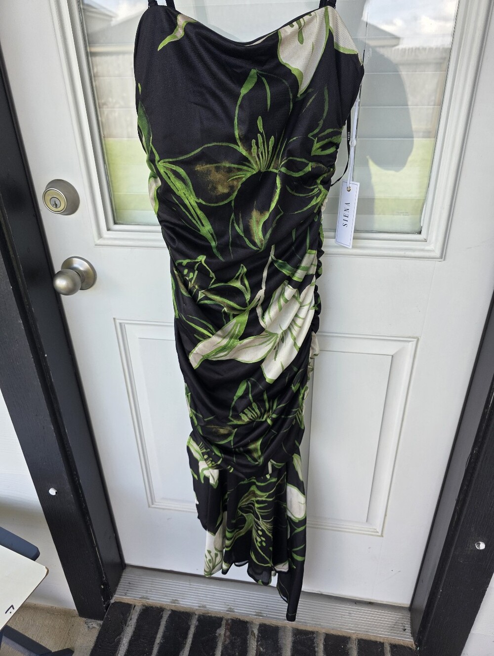 Siena Floral Maxi Dress Size 6 Black Green Ruched Spaghetti Strap Mermaid NWT - Picture 4 of 9